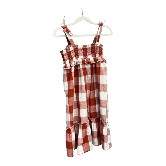 NWT | Size | Smocked Cotton Dress Rust Red/White, Checked - Picture 2 of 9